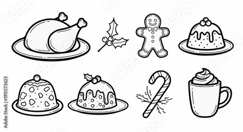 Festive holiday treats and decorations in a simple black and white outline drawing