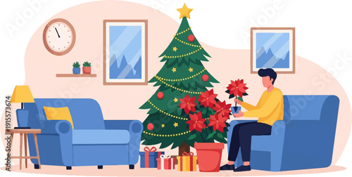 Festive room with a decorated Christmas tree and person tending to poinsettias