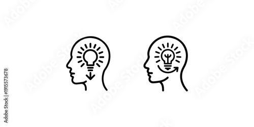 Creative thinking concept vector line icon set. solution idea, brainstorming symbol. light bulb in head design illustration