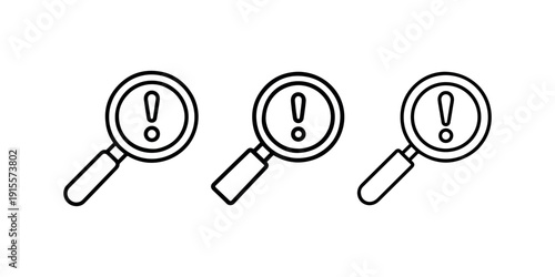 Warning search vector icon set, danger alert, magnifying glass symbol, attention notice, caution sign, error find, problem solution