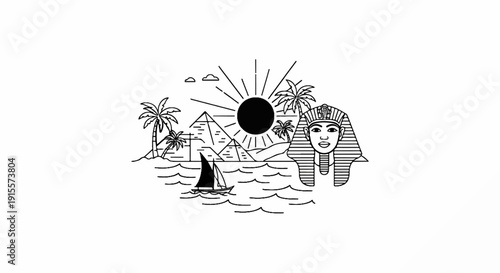 Egyptian pyramids, a pharaoh head, palm trees, sun, and a sailboat on the water