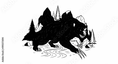 Fierce creature in a wild, rocky forest with a flowing river