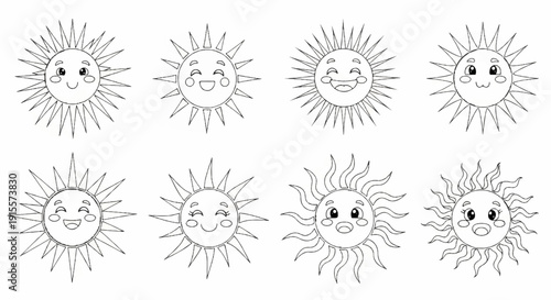 Eight cartoon sun illustrations with varied smiling faces on white background