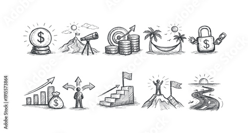 Business and finance outline icon set. Financial strategy, investment, growth icons.