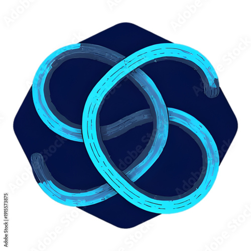 A vibrant blue, intertwined knot of two tube-like lines rests on a dark blue rounded square background, creating a sense of complexity.