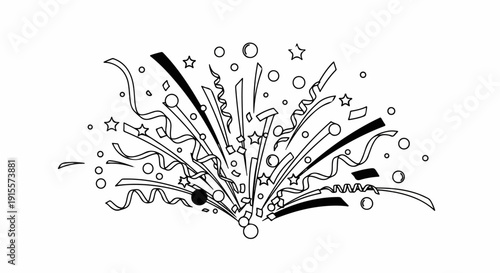 Exploding confetti, stars, circles, and ribbons burst outwards in celebration