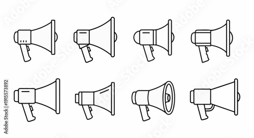 Eight different outline icons of megaphones displayed in two rows