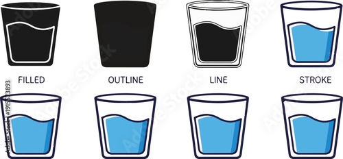 Eight different illustration styles of glasses filled with blue liquid