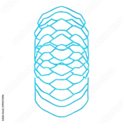 A vertical stack of interconnected hexagonal lattice layers forms a textured, elongated cylindrical structure in light blue.