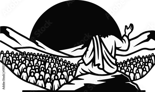 Figure on rock addresses crowd against sun and mountains