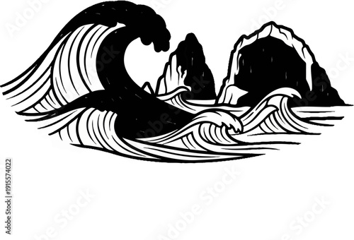 Dynamic ink-style illustration of a large breaking wave before rocky outcrops