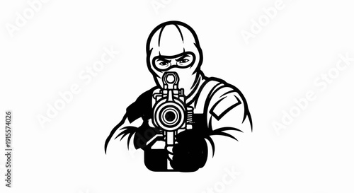 Figure aiming a firearm directly at viewer, wearing balaclava