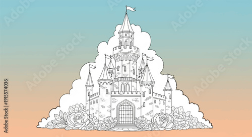 Fantasy castle with roses against a gradient sky
