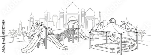 Fantasy-themed playground with dragon structures and exotic city skyline