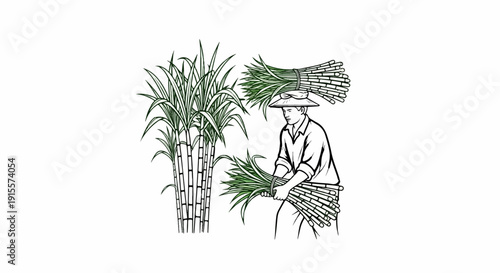 Farmer harvesting and carrying sugarcane bundles