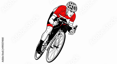 Dynamic illustration of a cyclist in red and black racing attire, helmet on
