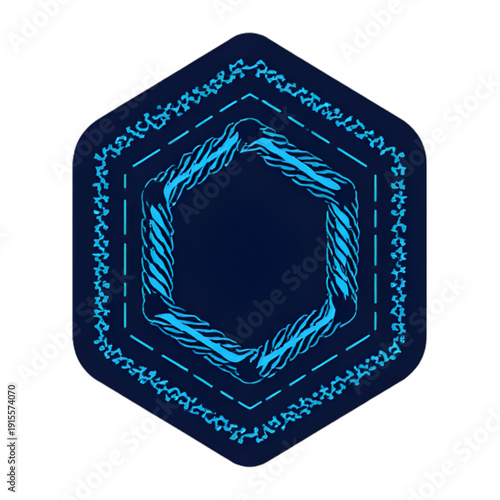 A textured blue hexagonal outline with a braided inner frame is centered on a darker blue hexagonal background, creating a sophisticated emblem.