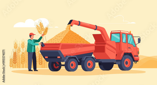 Farmer harvesting grain with a truck and conveyor belt in a field