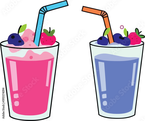 Two colorful fruit smoothies with berries and straws
