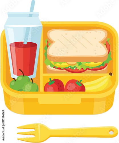 Yellow lunchbox filled with sandwich apples tomatoes banana and juice
