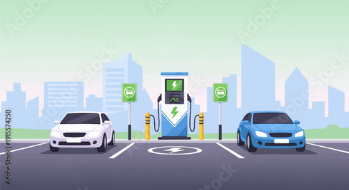 Electric cars charging at urban station with city skyline backdrop