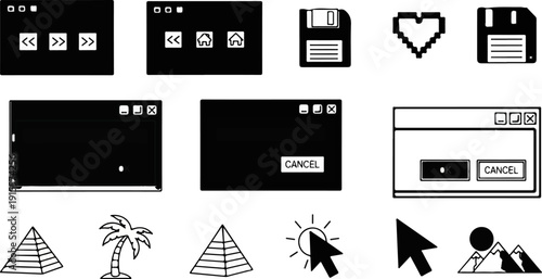 Diverse collection of icons including computer windows, data storage, abstract shapes, and nature elements