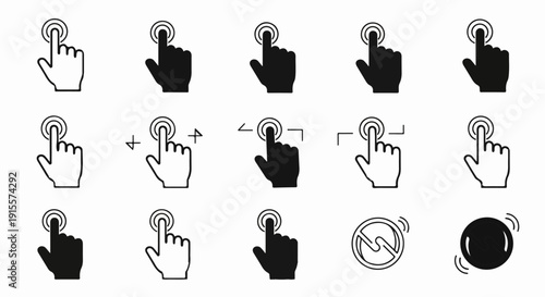 Diverse collection of cursor and touch icons depicting various interactions