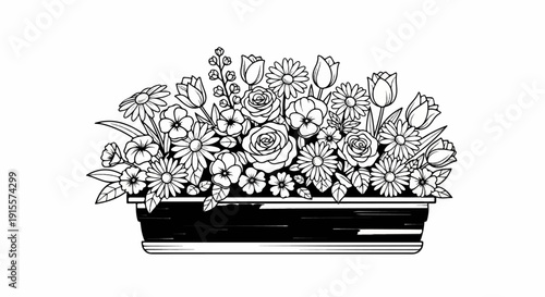 Detailed line art of a lush floral arrangement in a dark rectangular planter