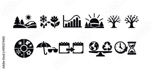 Seasonal change icon set. Nature, weather, and time illustrated in silhouette style.