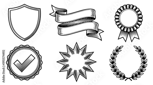 Set of blank badges and award ribbons shield seal banner starburst laurel vector engraving style isolated on white background for branding labels logos and certificates