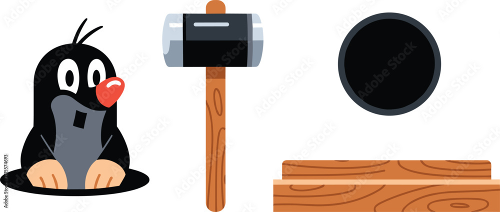 Fototapeta premium Whack-a-mole arcade game elements set, colorful vector icons with cute mole popping out of hole, wooden mallet hammer and game platform isolated on white background.
