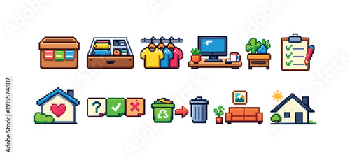 Home organization icon set. Pixel art, colorful, flat style for digital projects