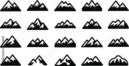 Diverse black mountain icons on white background mountains