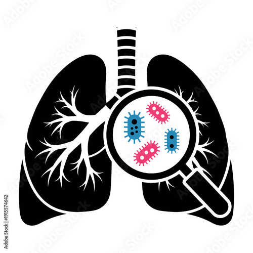 Medical illustration of lungs with magnifying glass on virus cells for health and science concepts