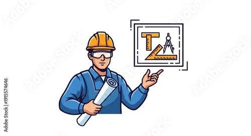 Engineer in hard hat explaining blueprint.