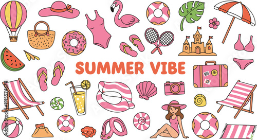 Horizontal Summer Vibe icon set with beach accessories, travel gear, and pink flamingo in flat vector style