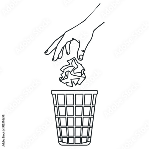 A hand throwing crumpled paper into a trash can