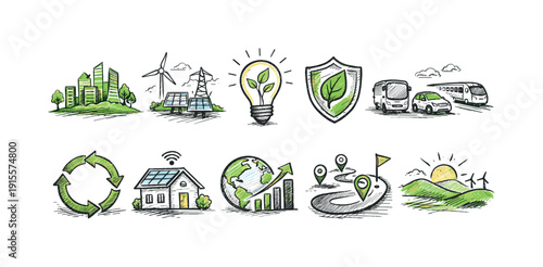 Eco, sustainability chalk icon set. Environment, renewable energy outline collection