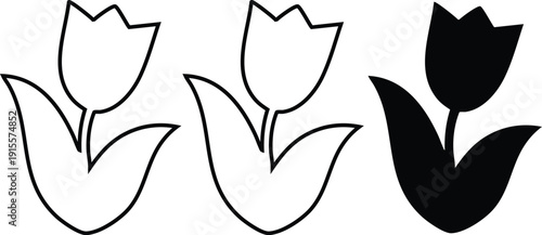 Three tulip flowers in different line art styles isolated on white background