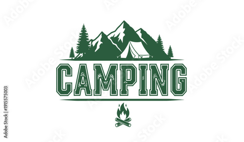 Green camping logo with mountains trees and campfire