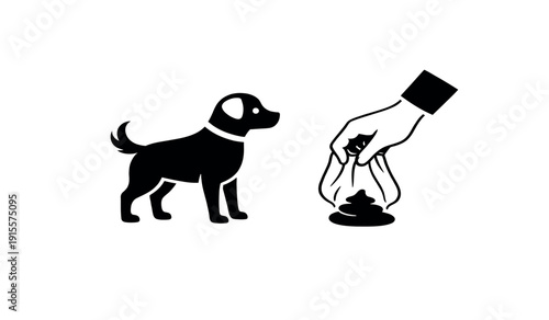 Black silhouette of a dog standing next to a hand holding a bag of dog food