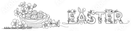 Easter word decorated with flowers and bunny ears next to bowl of eggs in continuous line art