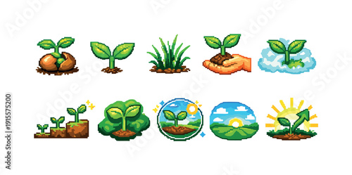 Gardening growth filled icon set. Seedlings, plant development, nature icons collection