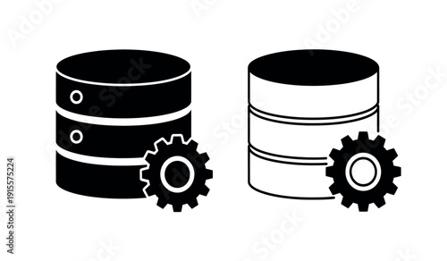 Black and white cylinder shapes with gear icons on a pure for industrial concepts