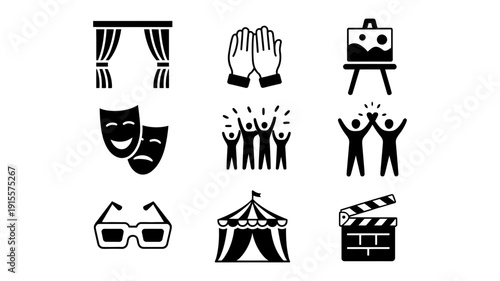 A collection of solid black entertainment icons representing theater, film, and celebratory activities.