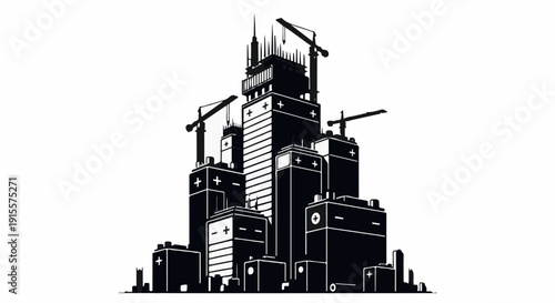 Creative cityscape built from car batteries symbolizes energy and innovation.