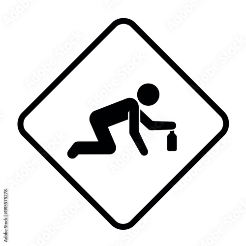 Black and white illustration of a person crawling on hands and knees on a sign