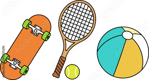 Set of sports equipment icons including skateboard, tennis racket, and beach ball in flat vector style