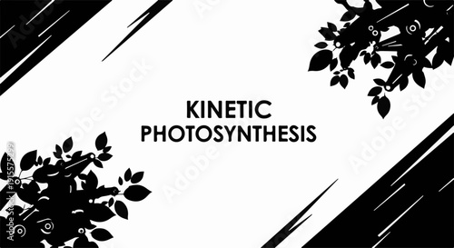 Abstract black and white illustration of kinetic photosynthesis with stylized leaves and lines