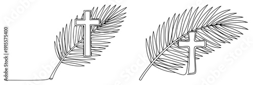 Palm Sunday leaves with Christian cross in continuous line art style